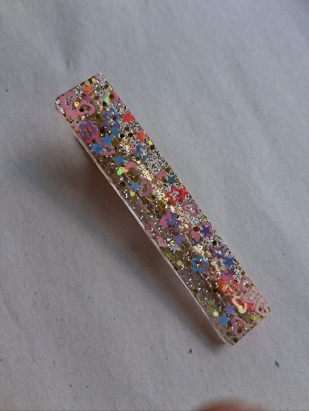5/$25 Hand Crafted Pink Glitter Rectangle Hair Clip with Multicolor Stars